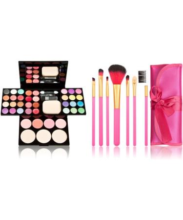 TimeSong Professional Makeup Palette Kit with Eyeshadow, Blusher, Face Powder & Lip Gloss + 7pcs Pink Makeup Brushes Set - Buy Online on GoSupps.com