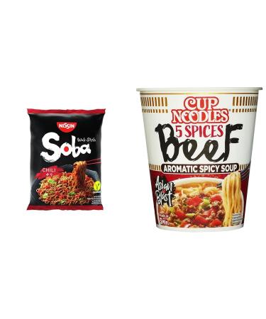 Nissin Soba Bag-Chili 9 Pack Wok Style Instant-noodle Japanese art & cup NOODLES-5 Spices Beef Single Pack Soup Style Instant-noodle Japanese Art Bundle with Cup Noodles