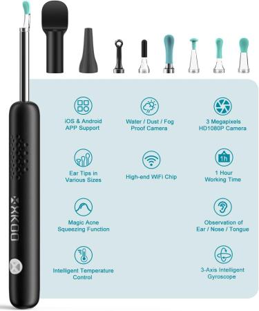 XKOO Ear Wax Removal Kit - 1080P FHD Otoscope & 6 LED Lights - Wireless Ear Camera - 8pcs Accessories - Multifunctional Black - Buy Online on GoSupps.com