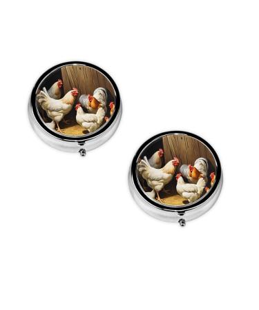 (Farm Chickens) Round Pill Box 3 Compartment Pill Box Mini Decorative Pocket Purse Portable Travel Medicine Tablet Vitamin Holder Organizer Pill Case