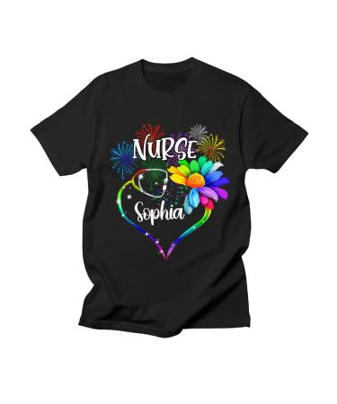 Personalized Shirt For Medical Nurse Mom From Son Daughter Gifts For Nurse Practitioners Firework Hurt Stethoscope Custom Name Short Sleeve Top Tee T-Shirt On Nurse's Day Birthday Christmas