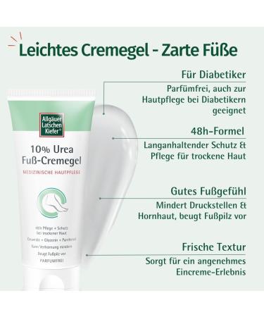  Allg uer Latschenkiefer Allg uer Foot Cream Gel 10% Urea - 48-hour intensive care for dry feet - Fragrance-free formula - Also suitable for diabetic skin care - 100 ml - Buy Online on GoSupps.com