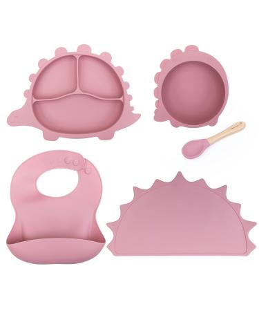 Little LoveBug Toddler & Kids Suction Dinosaur Feeding Set | 100% Silicone | Divided Dino Plate | Snack Bowl | Baby Bib | Placemat & Feeding Spoon | Toddler Plate | Baby Led Weaning Dusty Rose