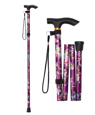 Walking stick foldable walking aids seniors walking stick men black walking stick women height adjustable foldable walking stick t-handle for older disabled men women violet flower