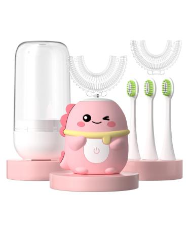 JIANLEJIA Kids Electric Toothbrush U Shaped Toddler Auto Sonic Toothbrushes with 5 Brush Head Cartoon Dinosaur Ultrasonic Toothbrushes for Children 2-12 Years 360  Full Mouth Cleaning Automatic 2-6 Year Pink