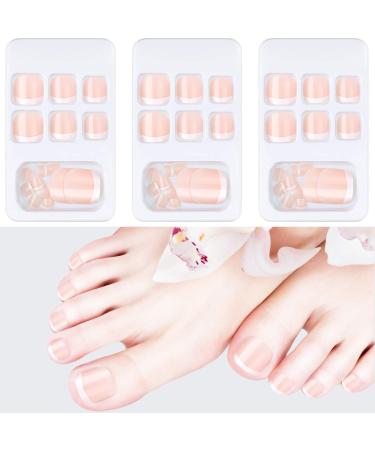 72 pieces of French false toenails light pink artificial artificial nail for toes shiny square quadratic short fully covered toes nail tips kit in 3 boxes with nail files stock