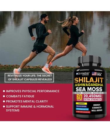 Dr.WellMe Shilajit Ashwagandha Sea Moss with Ginseng Ginkgo Biloba & Black Seed Oil - 60 Veggie Capsules Extra Strength 20 450mg - Anti-Aging Stamina Skin Radiance & Performance - Made in USA - Buy Online on GoSupps.com