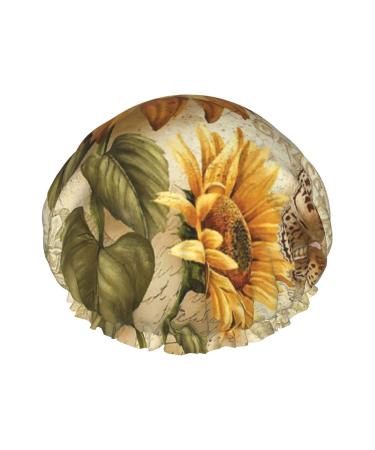 Retro Sunflower Reusable Shower Capfor Long Hair  Double-Layer Fabric With Elastic Hem  Washable Hair Caps For Women/Girls One Size Retro Sunflower