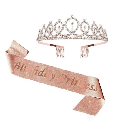 Rosavida 2-piece suitBirthday Princess Sash and Rhinestone Tiara Kit Birthday Gifts Glitter Sash and Birthday Crowns for Women Girl Party Decoration (Rosegold)
