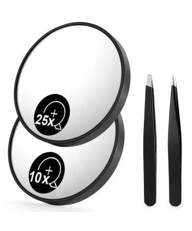 OMIRO 10X & 25X Magnifying Mirrors and Two Eyebrow Tweezers Kits, 3.5" Two Suction Cups Magnifier Travel Set 10X&25X