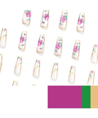 Buy Vezocim Long Coffin Press on Nails - 24Pcs Glossy White Acrylic with Pink Flower Designs - Extra Long Ballerina Fake Nails for Women - Buy Online on GoSupps.com