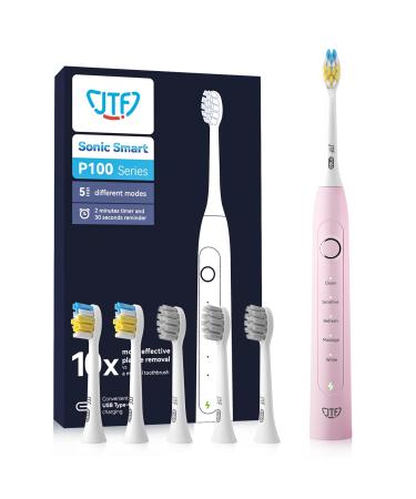 Sonic Toothbrushes Adults JTF Electric Toothbrushes Adults Pink Electric Toothbrush Rechargeable with Timer 50000 VPM USB Fast Charge 4 Hours Last 90 Days 5 Mode 6 Dupont Heads