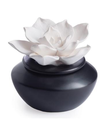 Airom Gardenia Passive White Porcelain Diffuser, Non-Electric, Battery-Free Fragrance and Essential Oil Diffuser with Peppermint Essential Oil, White Flower with Black Vase