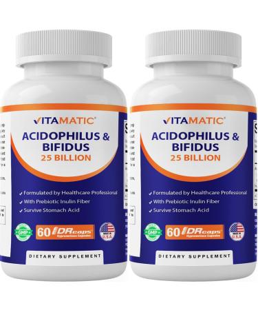 Vitamatic Acidophilus Bifidus 25 Billion DR Capsule - 60 Count - Digestive Support - Made with Prebiotic Inulin Fiber - 2 Pack (120 Count)