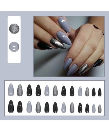 JUSTOTRY 24 Pcs Glitter Stiletto False Nails Short - Grey & Black French Almond Fake Nails with Nail Glue - Women's Nail Art Set - Buy Online on GoSupps.com