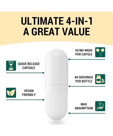 NADH 50 mg Plus CoQ10 200 mg NADH Capsules - Energy and Fatigue Support ATP Production - 60 Counts for 60-Day Supply 60 count (Pack of 1) - Buy Online on GoSupps.com
