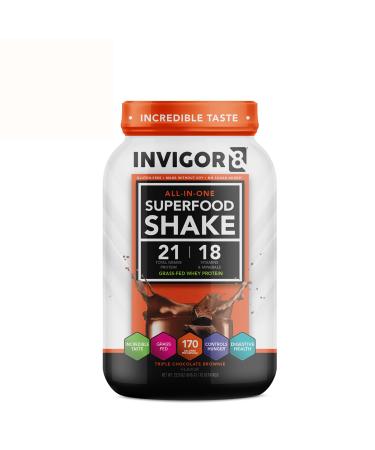 INVIGOR8 Superfood Grass Fed Whey Protein Isolate Shake Chocolate Brownie Gluten-Free and Non GMO Meal Replacement with Probiotics and Omega 3 (645g) Triple Chocolate Brownie