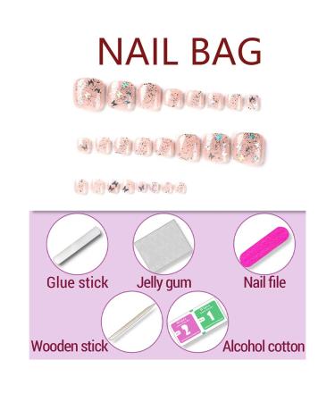 Silver Glitter Butterfly Sequins Toe Nail Press Ons - 24PCS Short Square Fake Toenails for Women | Summer Manicure Glossy Design - Style 13 - Buy Online on GoSupps.com