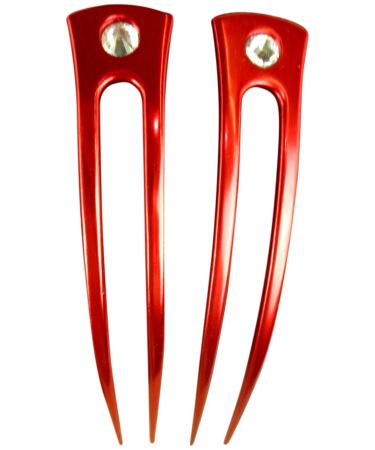 JWL (2) Anodized Aluminum Two Prong Curved 6 Hair Forks Unbreakable Waterproof Pick Pic Pin Fork - Hawaiian Style (Red)
