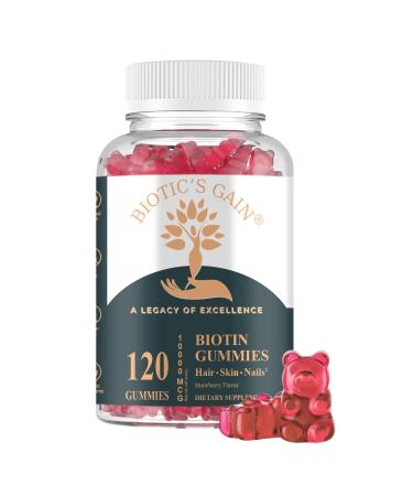Biotic's Gain Biotin Gummies 10000 mcg Hair Skin and Nail Support with Vitamins A C D E B6 B12 and Zinc Vegan Sugar Free 120 Count