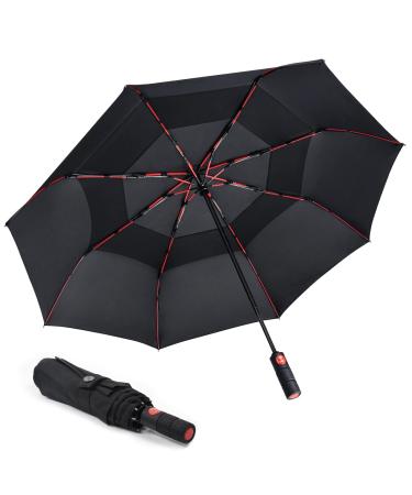 Lejorain Collapsible Umbrella Compact Travel - Portable Black Double Canopy Automatic Windproof Umbrella - Folding Striking Red Reinforced Fiberglass Frame Rain Umbrellas for Adults