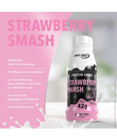 Best Body Nutrition 42g Protein Shake - Strawberry Smash - 8x500ml Bottles - Ready to Drink No Added Sugar - International Shipping Available - Buy Online on GoSupps.com