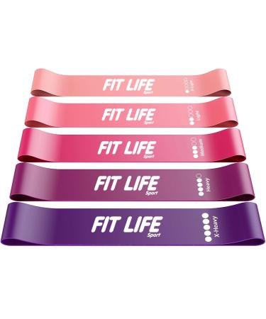 Fit Life Sport Resistance Band Set Skin-Friendly Fitness Exercise Loop Bands with 5 Resistance Levels Free Carrying Case Home Gym Yoga Pink