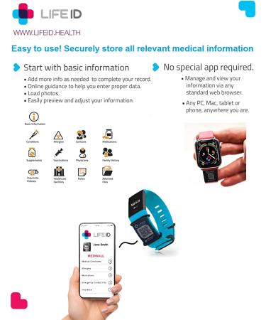 LIFE ID Pin-Tuck Medical Alert Bracelet | Free Online Profile | Fits 5-9 Wrists | Recycled Packaging | Black/Charcoal - Buy Online on GoSupps.com