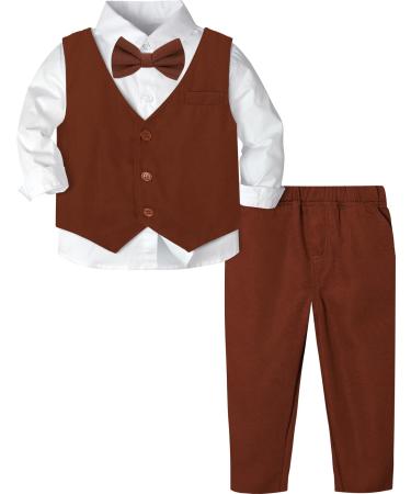 mintgreen Baby Boys Gentleman Suit Set Long Sleeve Shirt with Bowtie + Waistcoat + Pants Size: 1-4 Years Brown 12-18 Months