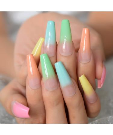 Rainbow Long Press on Nails Coffin Glossy Nude Ombre Fake Nails Set Colorful Ballet Acrylic False Artificial Nail Tips For Women Wonderful Rainbow