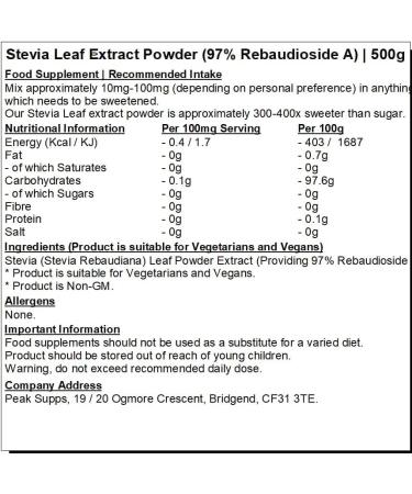 Stevia Leaf Extract Powder | 97% Rebaudioside A | Natural PLant Based Sweetener | Steviosides (500g) - Buy Online on GoSupps.com