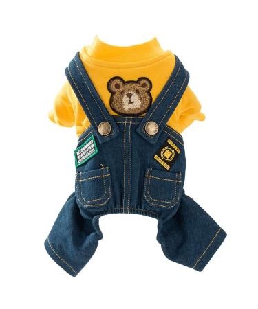 Dog Costume Clothes, Cute Denim Overalls for Small & Medium Pets, Boy & Girl Dogs Coats Jeans T-Shirts Sweatshirts Medium (Pack of 1) Yellow & Bear Embroidered