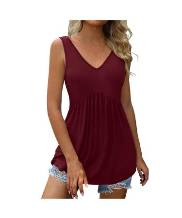 SUNYUAN Casual Comfy V-Neck Ruched Tank Tops Women Solid Color/Floral Prints Vest Suammer Slim Sleeveless T-Shirts Wine X-Large