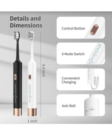 High Frequency Electric Toothbrush Set - 2 Pack, IPX7 Waterproof, USB Quick Charge, Rechargeable 60 Days - Black/White - Buy Online on GoSupps.com