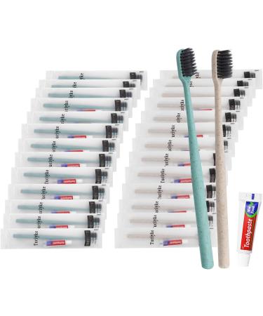Pack of 50 Disposable Toothbrushes with Toothpaste, Individually Wrapped Travel Kit for Adults & Kids - Ideal for Hotels, Nursing Homes & Charity - Apricot + Green - Buy Online on GoSupps.com
