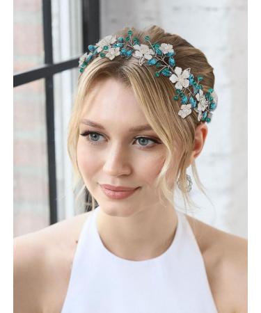 IYOU Flower Wedding Hair Vines Blue Crystal Bride Headband Leaf Guest Bridesmaid Hair Accessories for Women - Buy Online on GoSupps.com