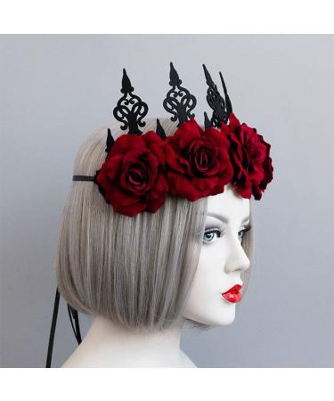 Gothic Floral Crown Headband Bridal Flower Garland Headband Hair Wreath Garland Floral Headpiece with Ribbon Women Girls Flower Tiara Hair Accessories for Wedding Cosplay Halloween Party Photography Wine Red - Buy Online on GoSupps.com
