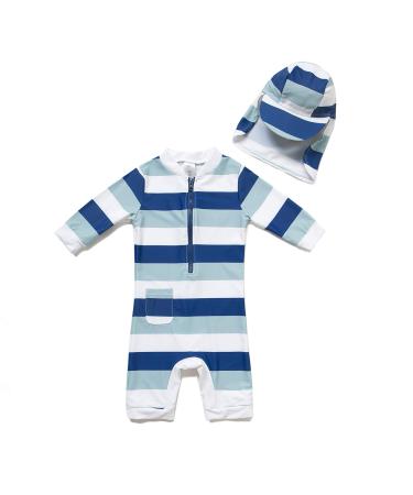 BONVERANO Baby Boys Swimsuit Toddler Bathing Suit Long-Sleeve Zipper One Piece Swimwear with UPF 50+ Sun Protection Stripe 2 6-9 Months