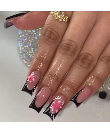 24Pcs Hibiscus Flowers Press on Nails Medium Square Shaped Fake Nails with Black French Tip Design False Nails Full Cover Nude Pink Sticks on Nails Glossy Glue on Nails for Women Manicure Nail Decor