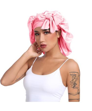 Awegeo Satin Bonnet Silk Bonnet with Elastic Tie Band Adjustable Straps Hair Bonnet Jumbo Size for Sleeping Satin Bonnet Stretchy Tie band for Women long Curly Braid Hair (Pink)