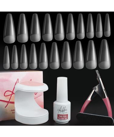 Aikker Nail Tips and Glue Gel Kit, Nail Extension Kit with 500Pcs Coffin False Nails, 9W UV/LED Nail Lamp, 3 in 1 Nail Gel & Base Coat & Decorations Adhesive, Essential Tools Nail Clipper & File AK27
