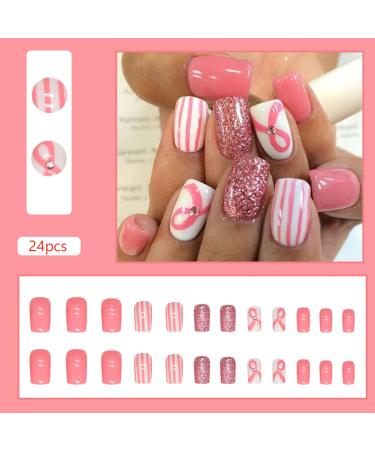 24Pcs Breast Cancer Awareness Press-on Nails | Pink Rhinestone Square Fake Nails for Women | Glossy Acrylic Nail Designs - Buy Online on GoSupps.com
