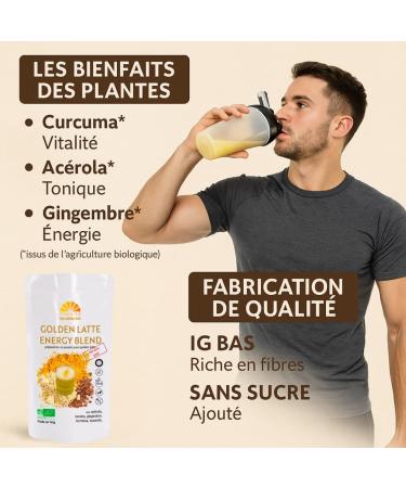 Nature AZ Golden Latte Organic Energy Blend Turmeric Ginger Acerola Lucuma No Added Sugar Low GI Maltodextrin Free Vegan & 100% Natural 145g sachet (approx. 30 servings) Made in France - Buy Online on GoSupps.com