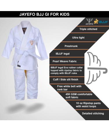 Jayefo Kids Brazilian Jiu Jitsu GI for Boys and Girls | Lightweight IBJJF Legal BJJ Gi for Children | Soft Preshrunk Grappling Youth MMA Kimono with Free White Belt - 1 Year Warranty | White/Gold K00 - Buy Online on GoSupps.com