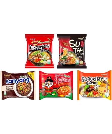 Samyang Korean Instant Noodle Soup Ramen (Hot Chicken Kimchi Sogokimyun Black Bean Yukgaejang SuTah) 5 Different Flavours Halal (Pack of 10) by CNMART - Buy Online on GoSupps.com