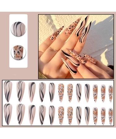 JUSTOTRY 24 Pcs Swirl Stiletto Fake Nails - Long Black French Press on Nails with Leopard Almond Patterns - Extra Long False Nails with Glue for Women's Nail Art - Buy Online on GoSupps.com