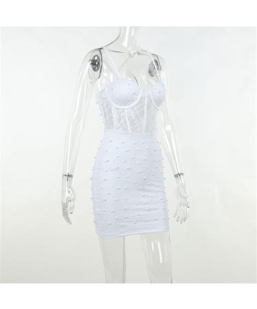 Shop Beaded Lace Strap Camisole Hip Skirt Dress - Spring Knitted Sexy Back Dance Dress for Teenagers - White S - Buy Online on GoSupps.com