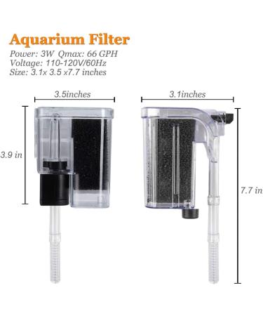 PULACO Ultra Quiet Aquarium Hang on Filter - Small Fish Tank Filter (66GPH 3W) for 2-8 Gallons - Buy Online on GoSupps.com