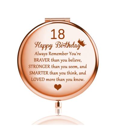 FUSTMW Happy 18th Birthday Gifts Mirror 18 Birthday Gifts for Her Turning 18 Years Old Gifts Rose Gold 18th Bday Mini Makeup Mirror 2 x 1x Magnification (Rose Gold)