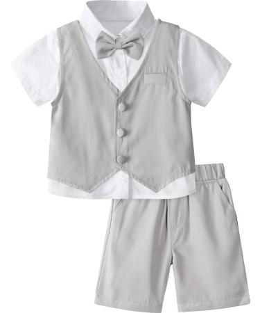 mintgreen Baby Boys 3 Pieces Outfit Gentleman Suit Set Shirt & Bowtie & Waistcoat & Shorts Size:1-6 Years 3-4 Years Light Grey